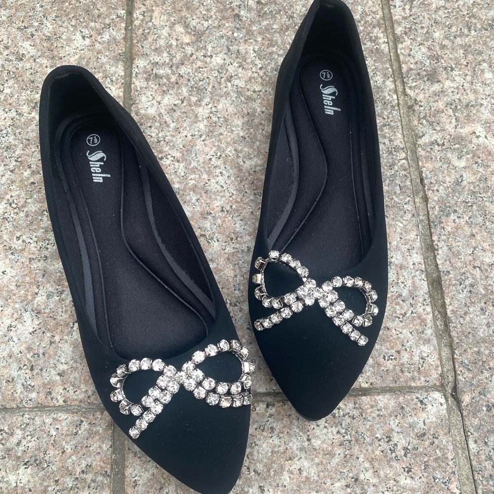Shein Black Pointed Toe Embellished Flats